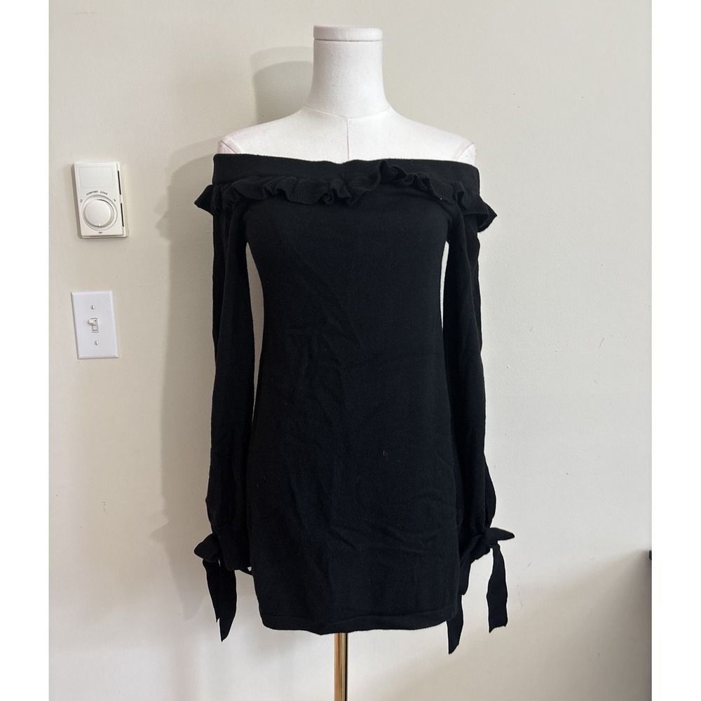 LPA Tunic Sweater Size Small Tie Sleeve Ruffle Black Wool Blend Designer Luxury